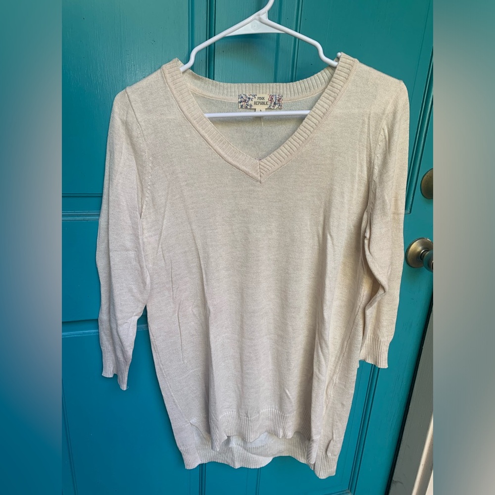 Pink Republic Heather Oatmeal Cream 3/4 Sleeve V-Neck Sweater Size Large